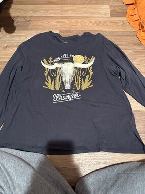 Wrangler Black Long Sleeve Tee with Gold Western Skull Graphic